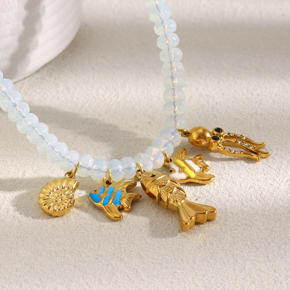 Minimalist Geometric Stainless Steel Plated 18K Gold Opal Ocean Life Pendant Necklace for Women