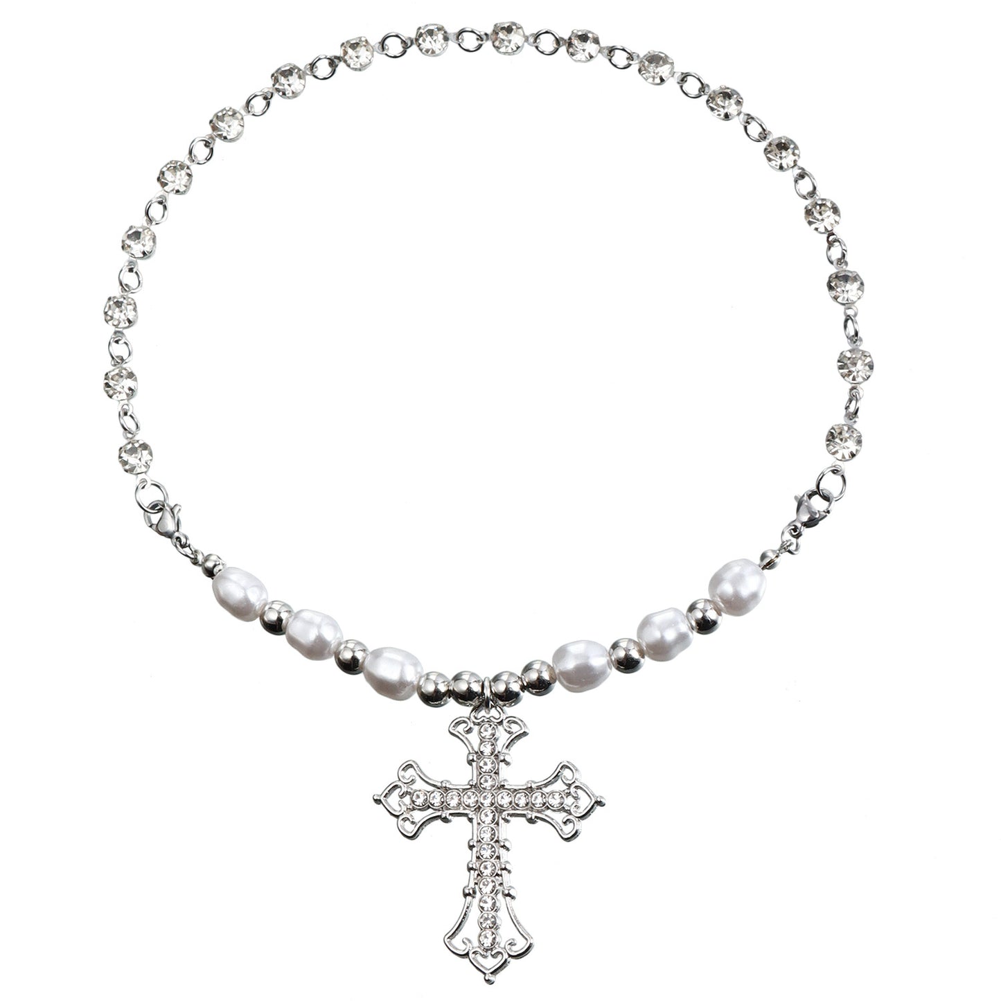 Vintage Geometric Cross Pendant Necklace for Women with Rhinestone Inlay and Gold Plated Metal Chain