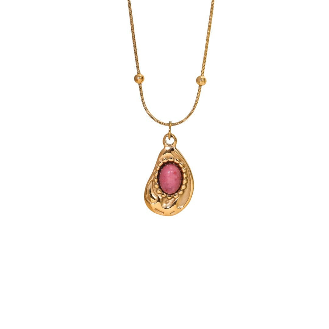 Fashionable Geometric Red Jasper Pendant Necklace for Women in Titanium Steel with 18K Gold Plating