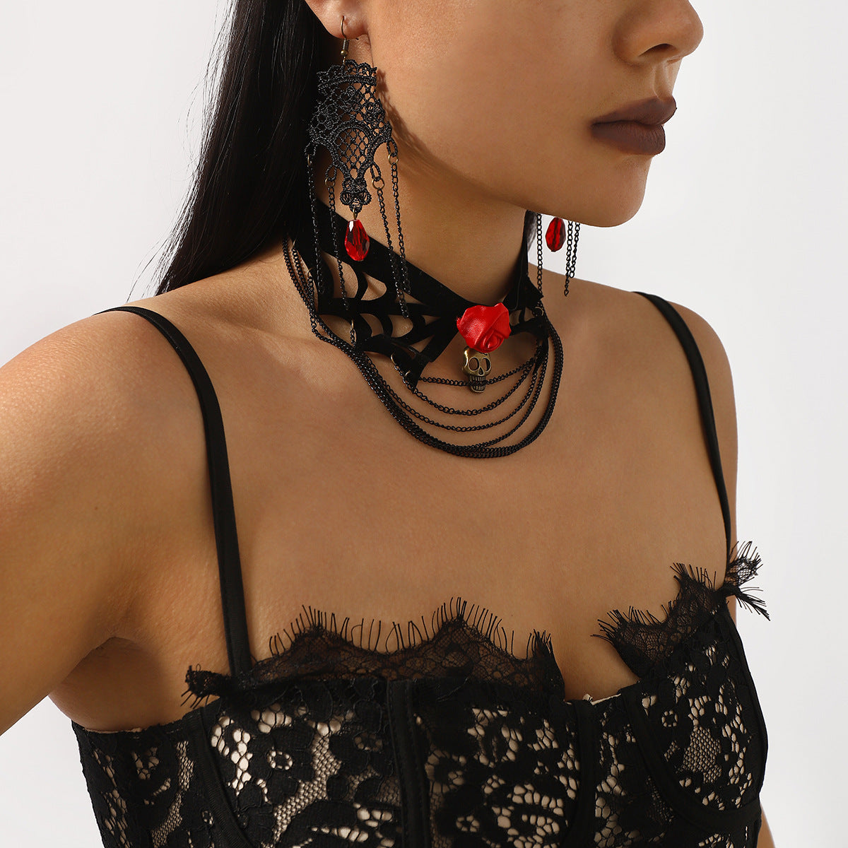 Gothic Halloween Black Multi-Layer Rose Necklace and Earrings Set for Women with Electroplated Iron Pendant and Velvet Accents