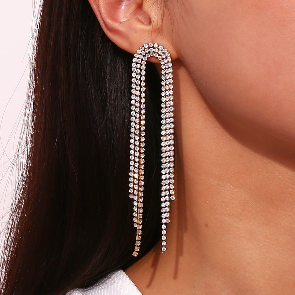 Orecchini a polsino geometrici alla moda in acciaio inossidabile con placcatura in oro 18 carati e pendenti a forma di arco con zirconi micro-incastonati da donna