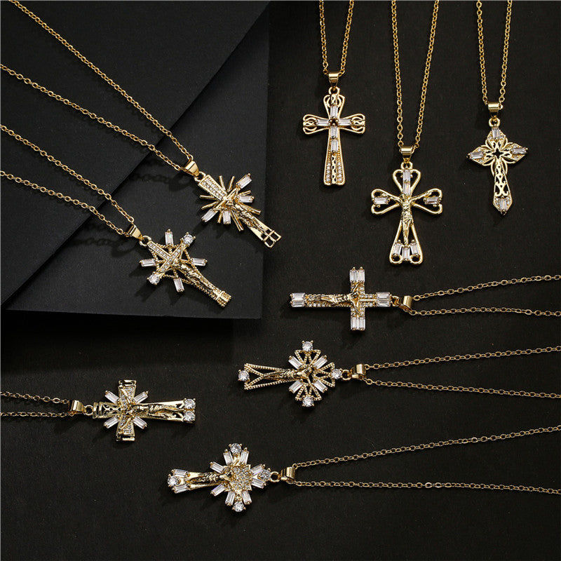 Gold Plated Brass Geometric Cubic Zirconia Inlay Pendant Necklace with Cable Chain