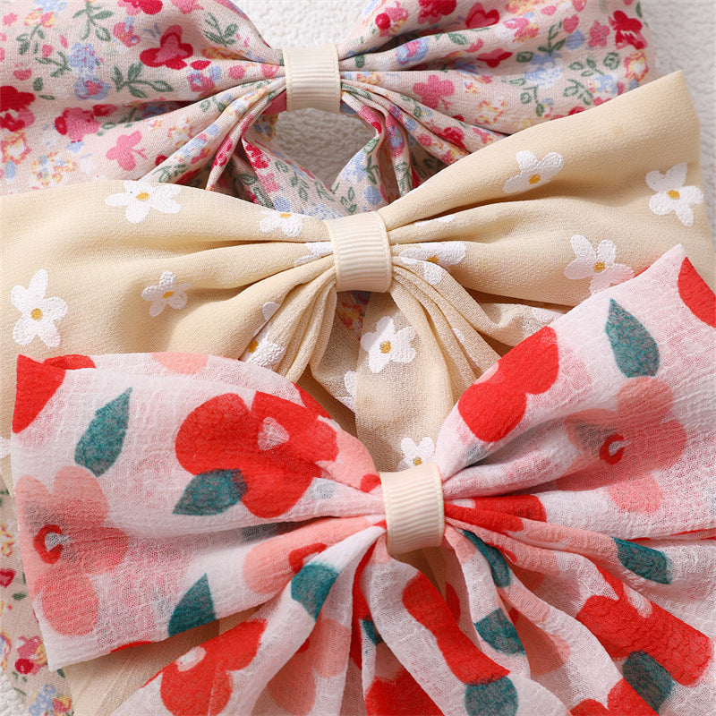 Set di fermagli per capelli con fiocco in tessuto stile dolce per bambini con stampa floreale e piccoli nastri decorativi