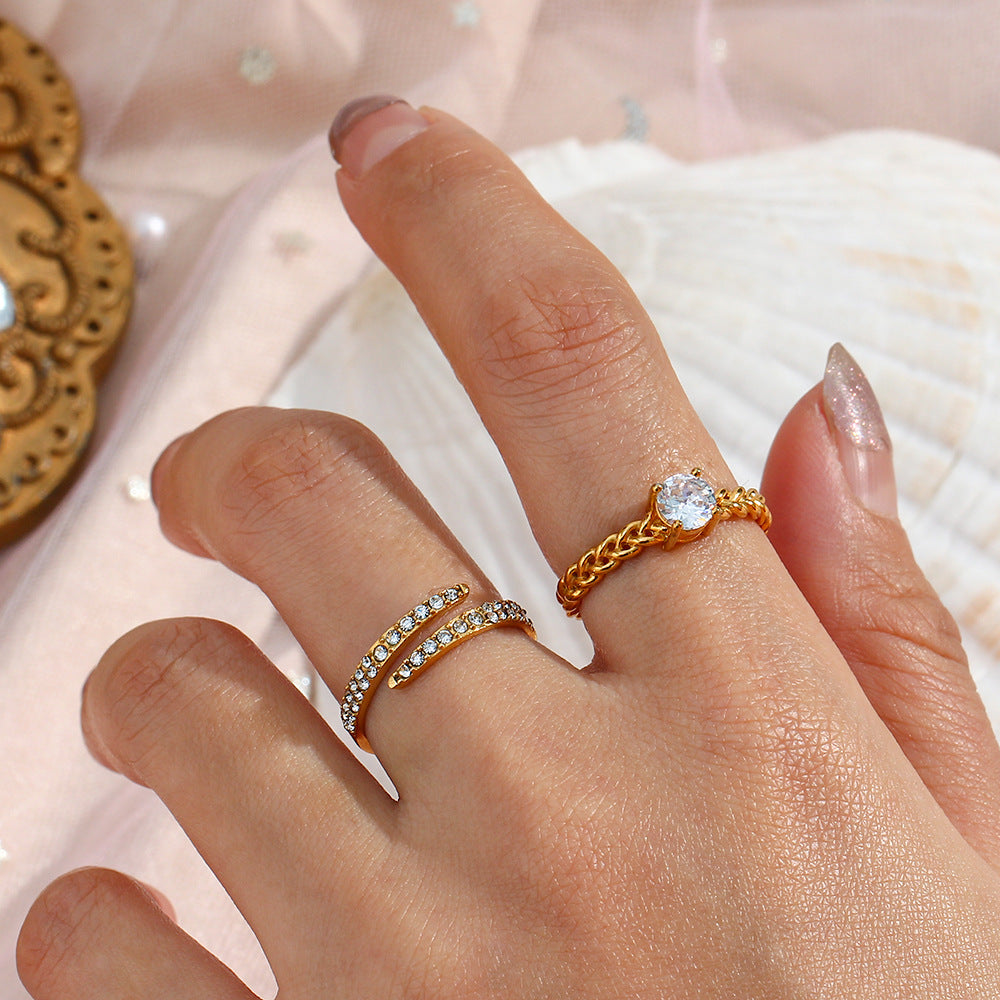 Minimalist Geometric Stainless Steel Ring with 18K Gold Plating and Zircon Inlay for Women