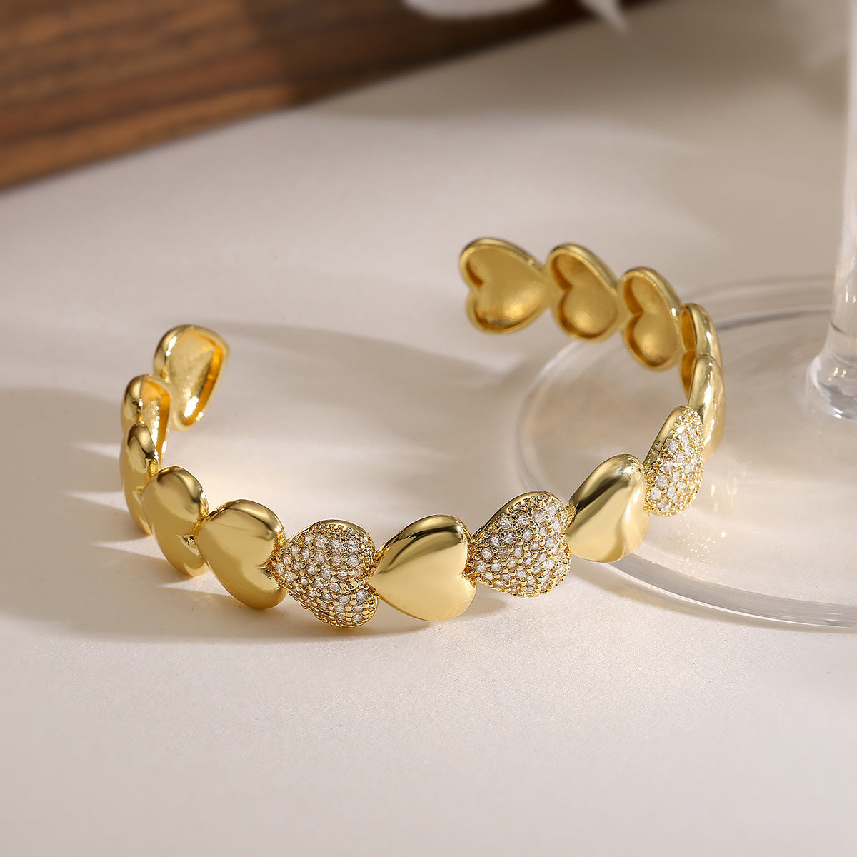 Minimalist Luxury 18K Gold Plated Brass Heart Cuff with Cubic Zirconia for Women