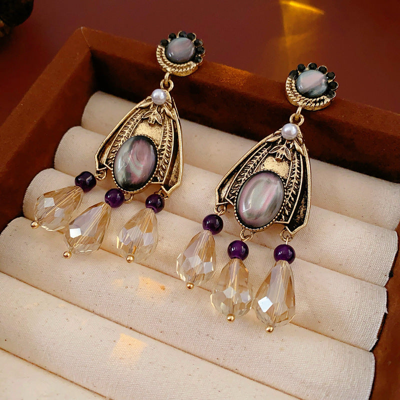 Vintage Floral Tassel Earrings with Rhinestones in Silver Plated Setting for Women