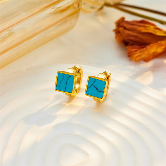 Vintage Minimalist Square Geometric Turquoise-Tone Titanium Steel Hoop Earrings with Plating Finish