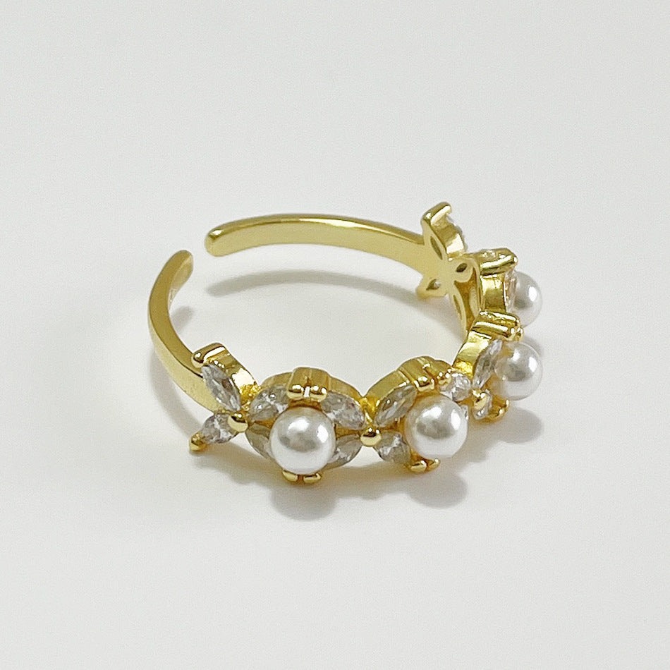Minimalist 925 Sterling Silver Floral Inlaid Pearl Ring for Women