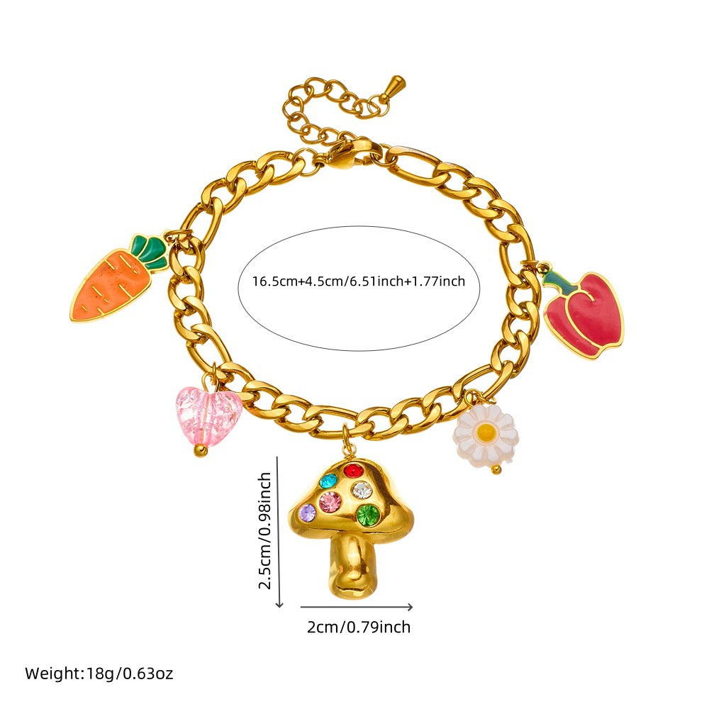 Fashionable Cute Enamel Bell Pepper Carrot Mushroom Flower Pendant Stainless Steel Bracelet for Women