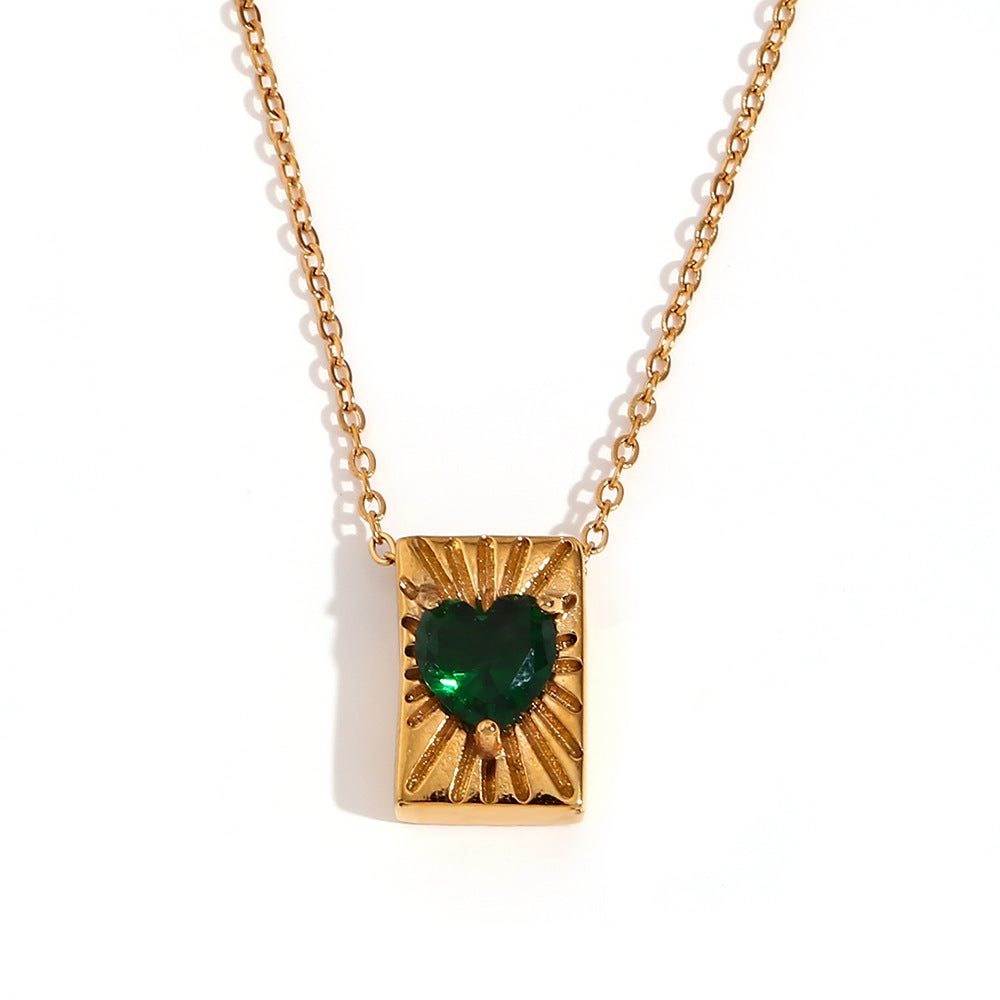 Collana con Ciondolo Quadrato Vintage da Donna in Acciaio Inossidabile con Placcatura in Oro 18K e Ciondolo a Cuore in Zirconia Cubica su Catena Standard