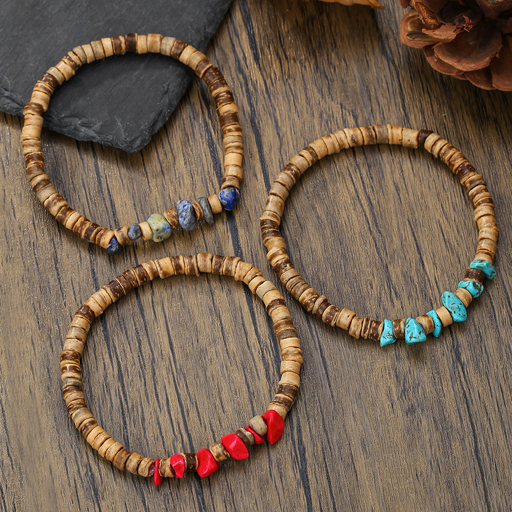 Bohemian Geometric Wood Turquoise Chip Beaded Bracelet Charm Bar Unisex