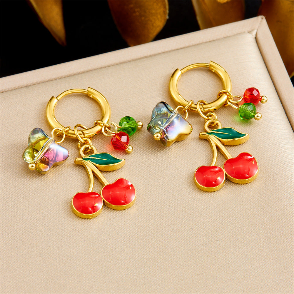 Sweet Stainless Steel Drip Oil Plated Butterfly Fruit Drop Earrings