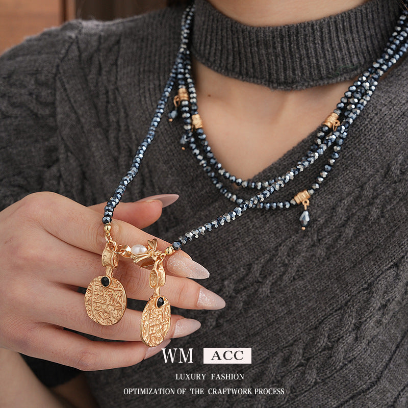 Collar con Colgante Geométrico de Estilo Vintage en Aleación con Detalles Hechos a Mano para Mujer, Cadena Larga para Suéter