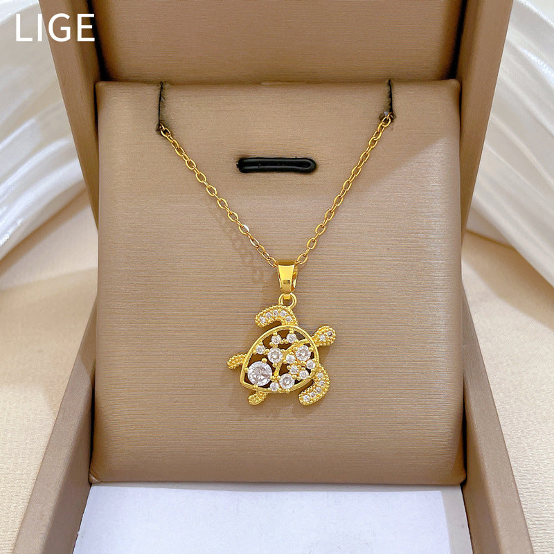 Sweet Geometric Animal Rhinestone Pendant Titanium Steel Necklace for Unisex