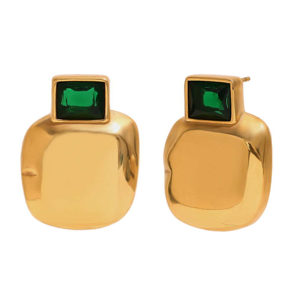 Orecchini vintage geometrici in acciaio inossidabile con placcatura in oro 18K e perni quadrati lucidi con zirconi verdi da donna