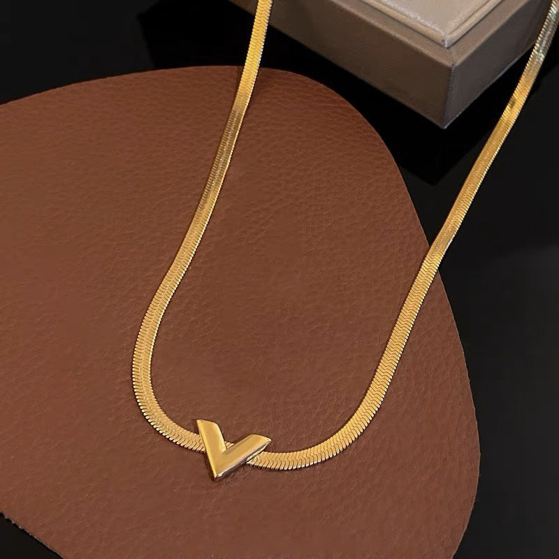 Minimalist Letter V Heart Titanium Steel Snake Chain Necklace for Women
