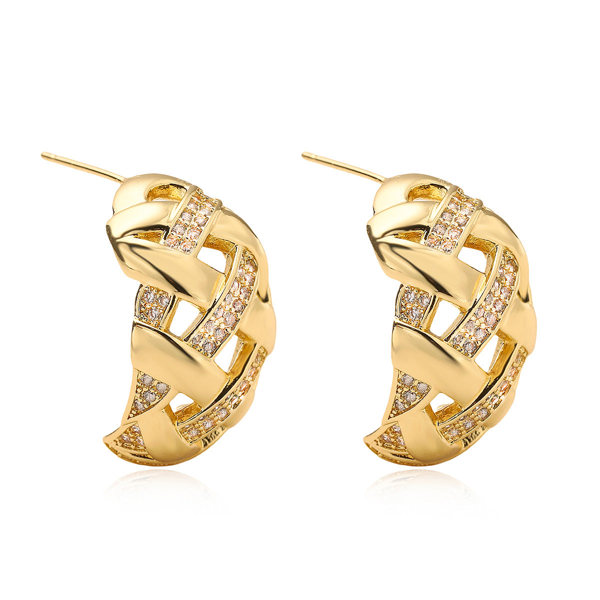 Orecchini a perno geometrici minimalisti in rame con placcatura in oro 18 carati e intarsio di zirconi per donna