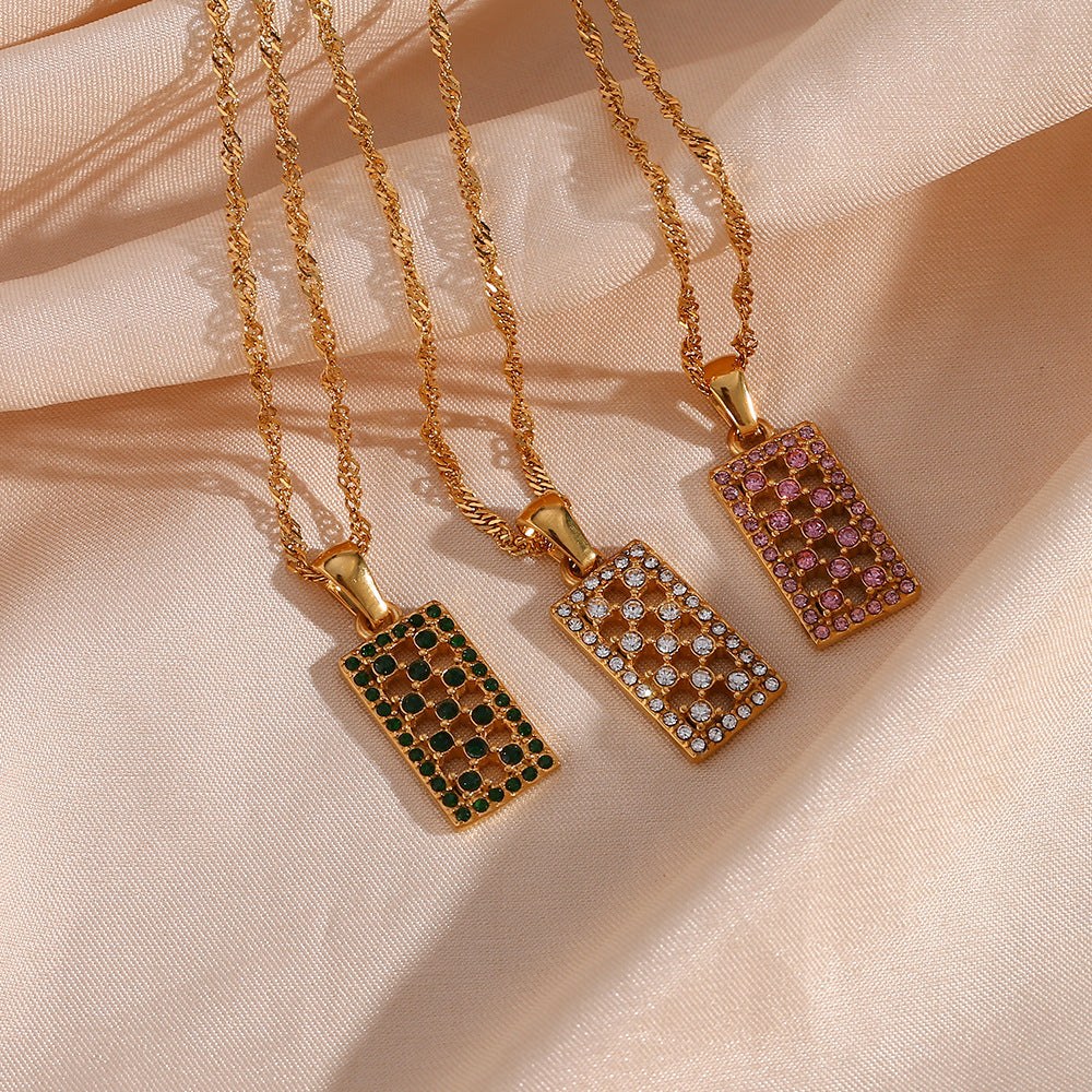 Fashionable Minimalist Geometric Hollow Long Pendant Necklace for Women in Stainless Steel with Rhinestone Inlay and Plated Finish