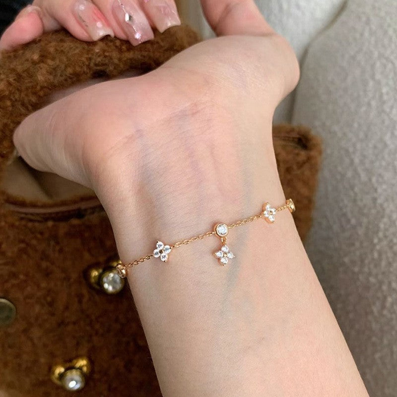 Elegant Geometric Floral Bracelet for Women in Plated Copper with Rhinestone Accents, Minimalist Office Style Hand Jewelry