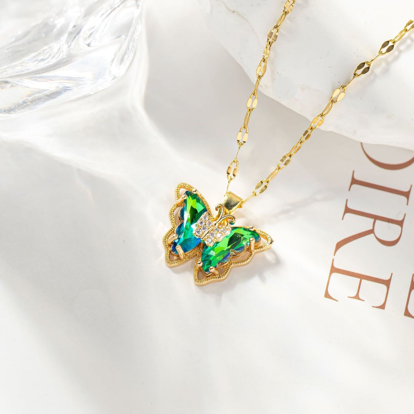 Minimalist Elegant Gold Plated Titanium Steel Butterfly Necklace with Crystal Inlay for Women