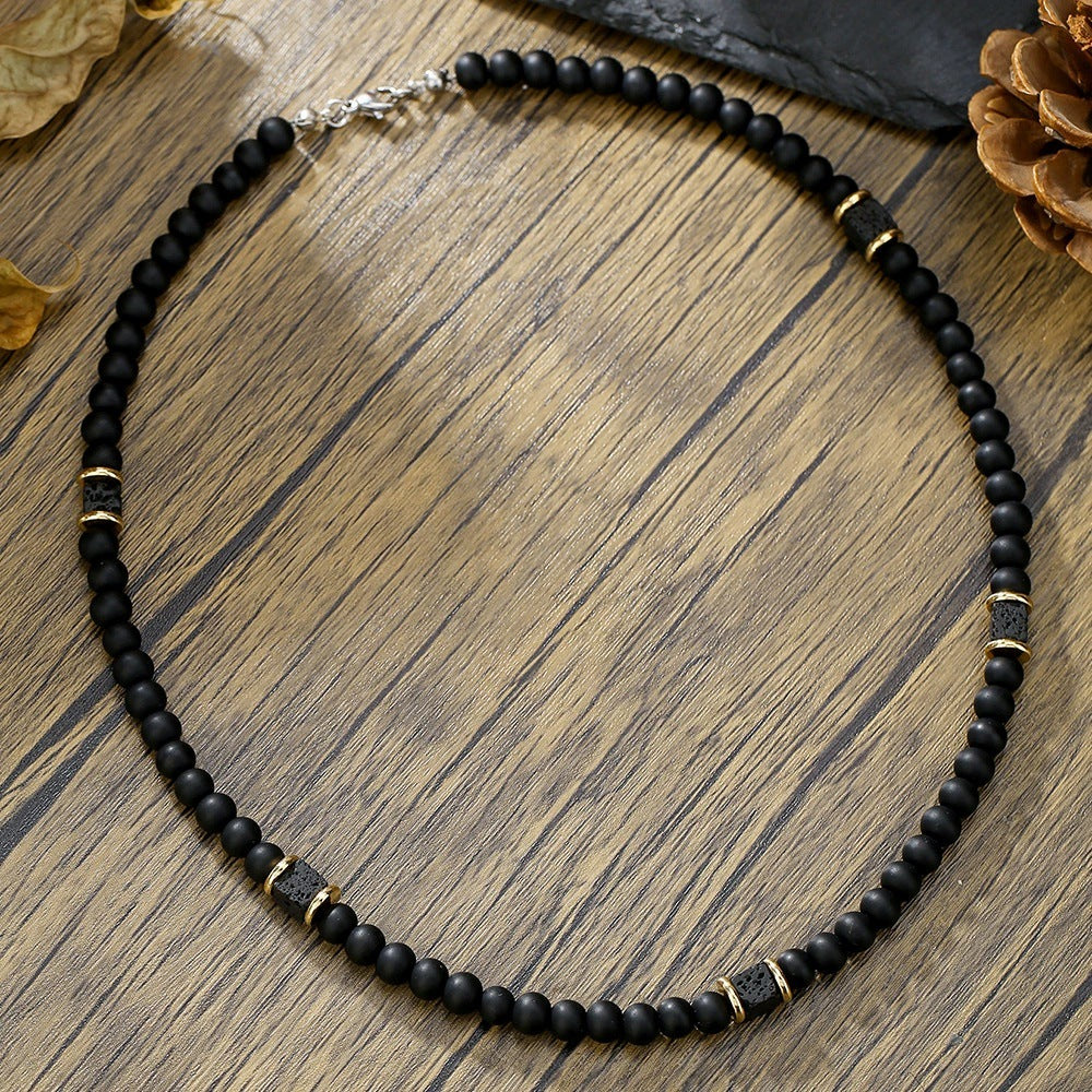 Bohemian Black Agate Volcanic Stone Blue Dot Beaded Necklace Multi-layer Ball Chain Unisex