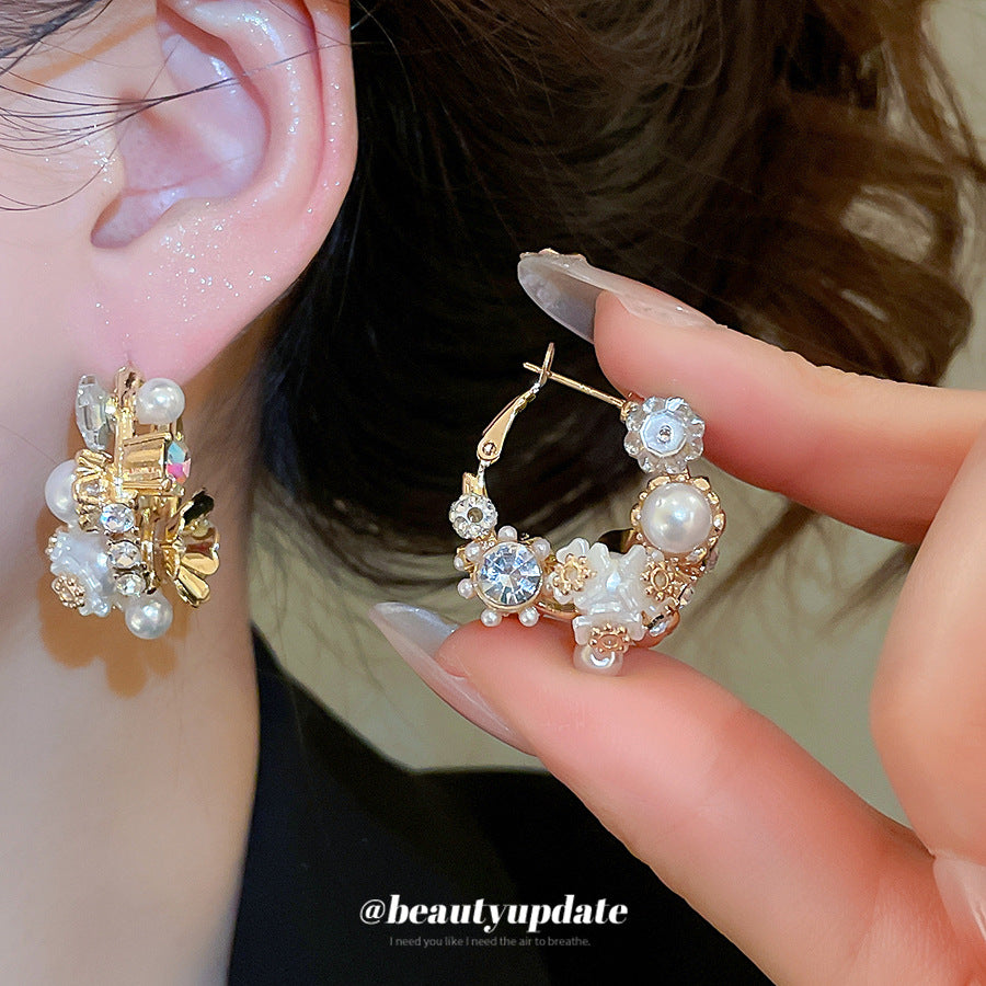 Orecchini Eleganti Francesi Vintage Floreali con Perle e Intarsi di Strass da Donna