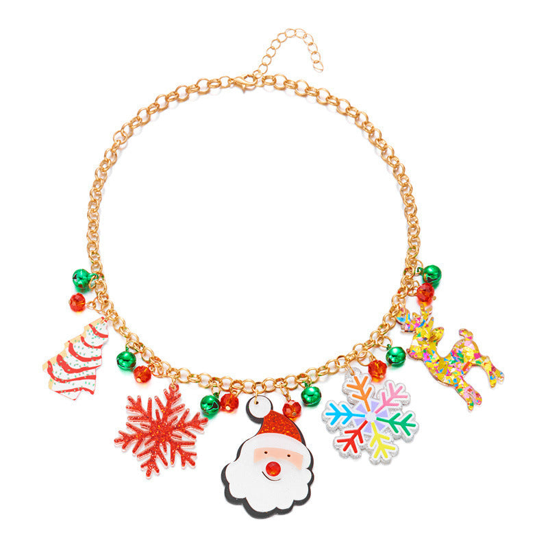 Collar con colgante de árbol de Navidad y hombre de jengibre para mujer, chapado en aleación con motivos festivos de copos de nieve y campanas