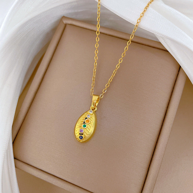 Sweet Colorful Geometric Moon Rhinestone Pendant Necklace Titanium Steel Chain for Unisex