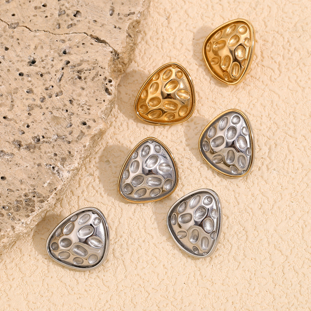 Fashionable Geometric Irregular Triangle Hammered Texture Stainless Steel Earrings with 18K Gold Plating for Women