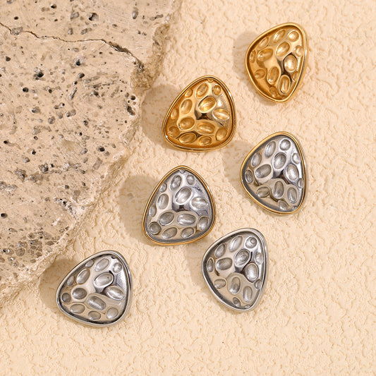 Fashionable Geometric Irregular Triangle Hammered Texture Stainless Steel Earrings with 18K Gold Plating for Women