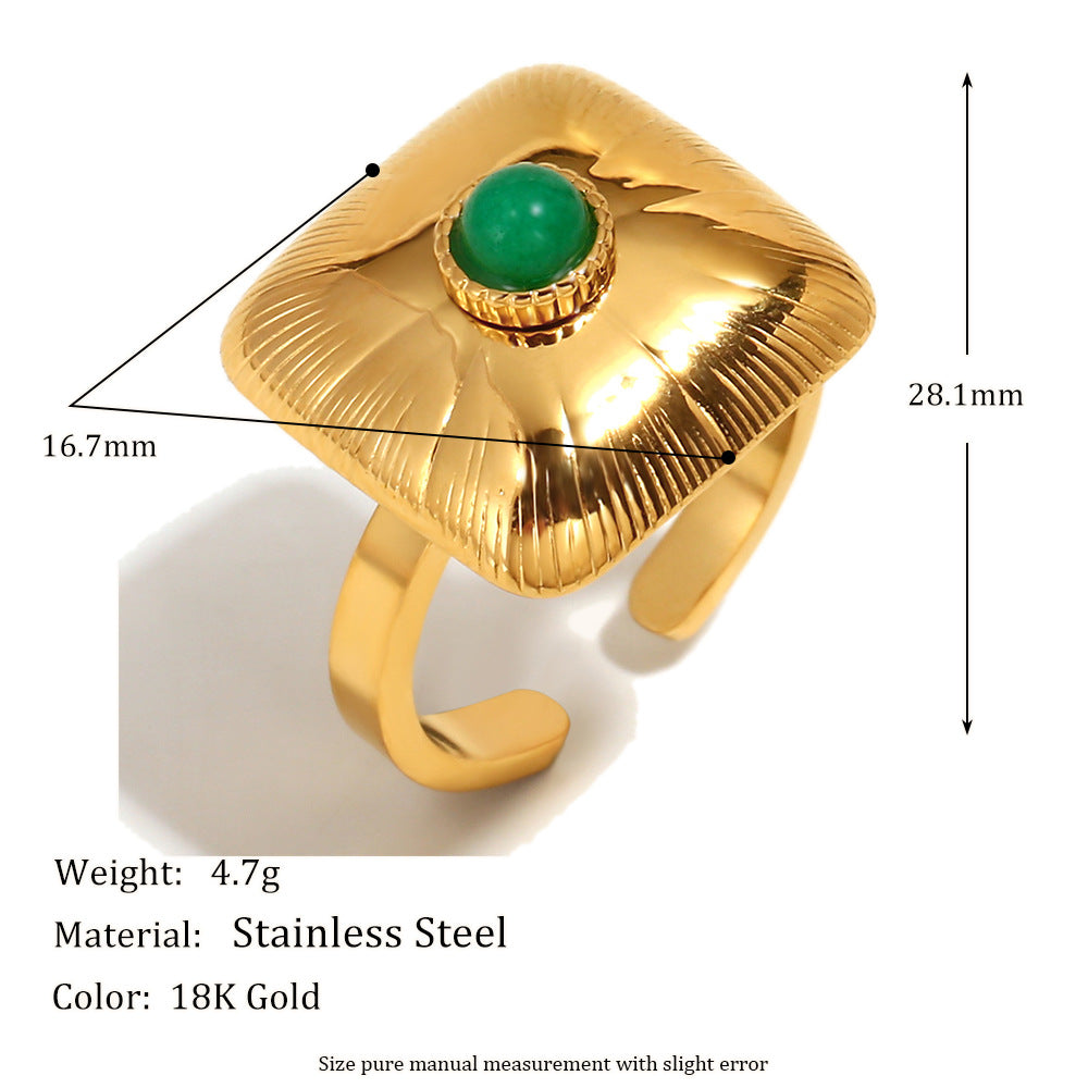 Vintage Geometric Stainless Steel Ring with 18K Gold Plating and Emerald Green Accent for Women