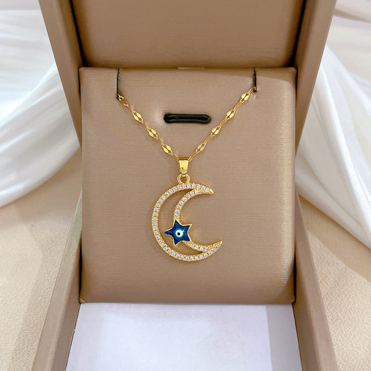 Minimalist Star and Moon Pendant Necklace for Women in Titanium Steel with Rhinestone Inlay and Plated Finish