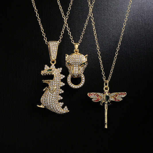 Minimalist Dinosaur Leopard Head and Dragonfly Pendant Necklace in Copper with 18K Gold Plating and Zircon Inlay