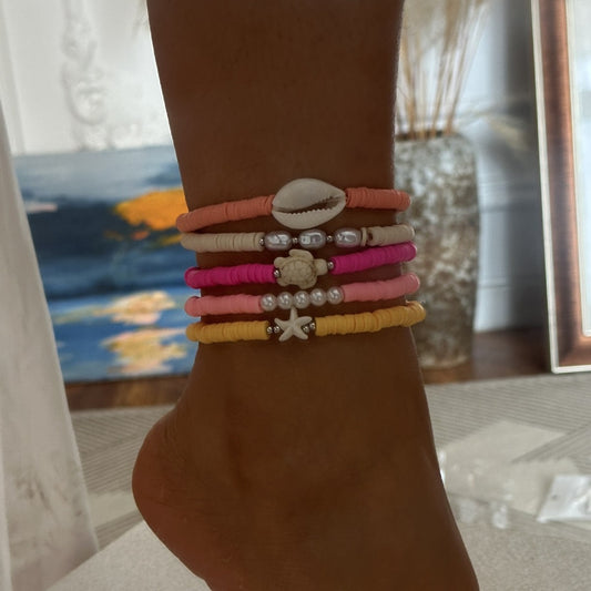 Tobillera bohemia colorida de resina con estrella de mar y conchas para mujer