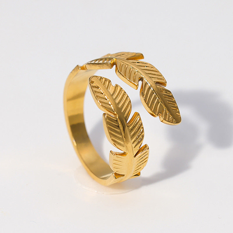 Minimalist Feather-Shaped Stainless Steel Adjustable Open Ring for Women with Gold Plating