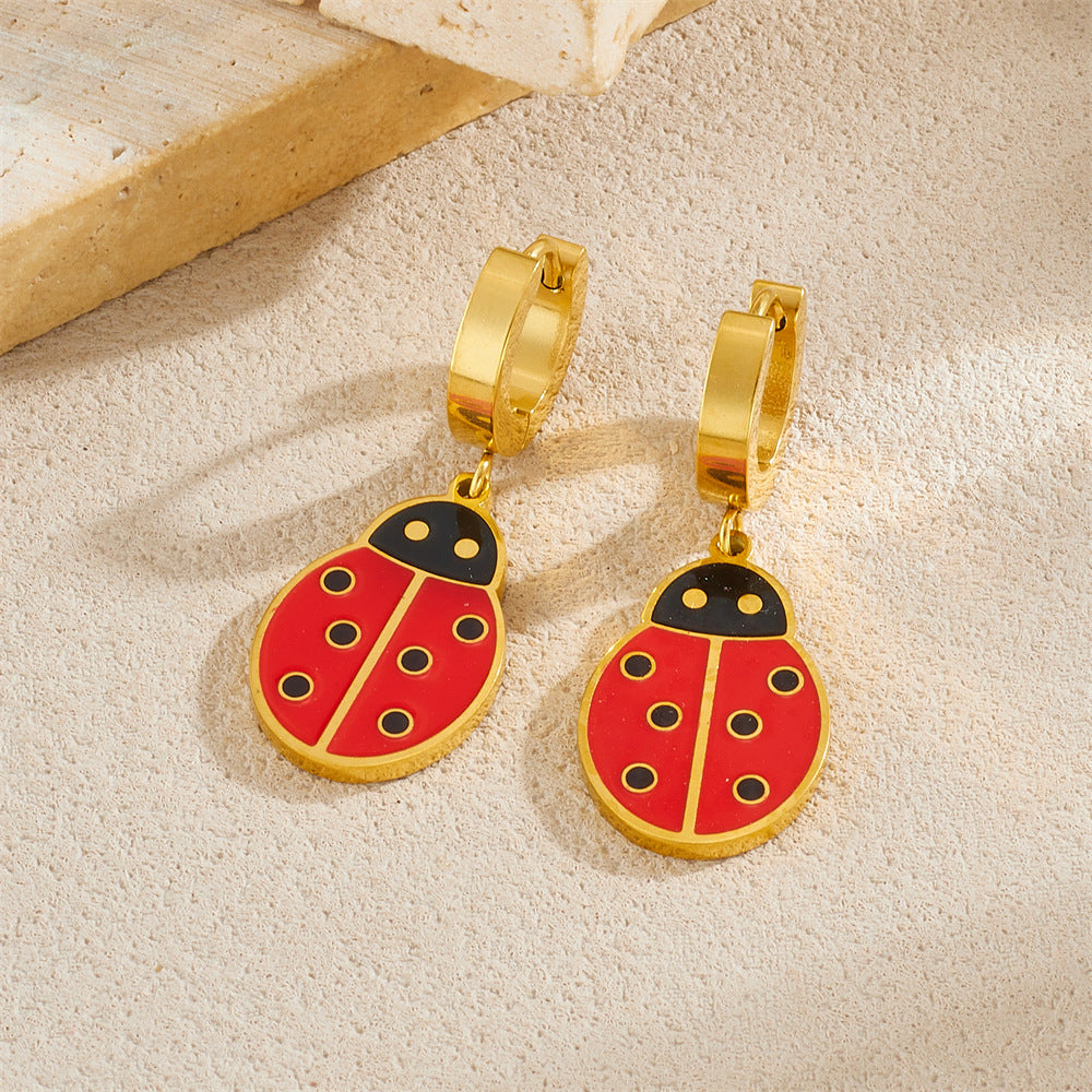 Sweet Cartoon Stainless Steel Drip Oil Insect Dragonfly Ladybug Jewelry Set with Cable Chain