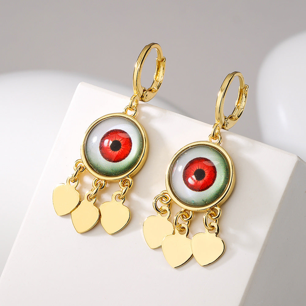 Minimalist Evil Eye Heart Pendant Earrings in Copper with Gold Plating for Women