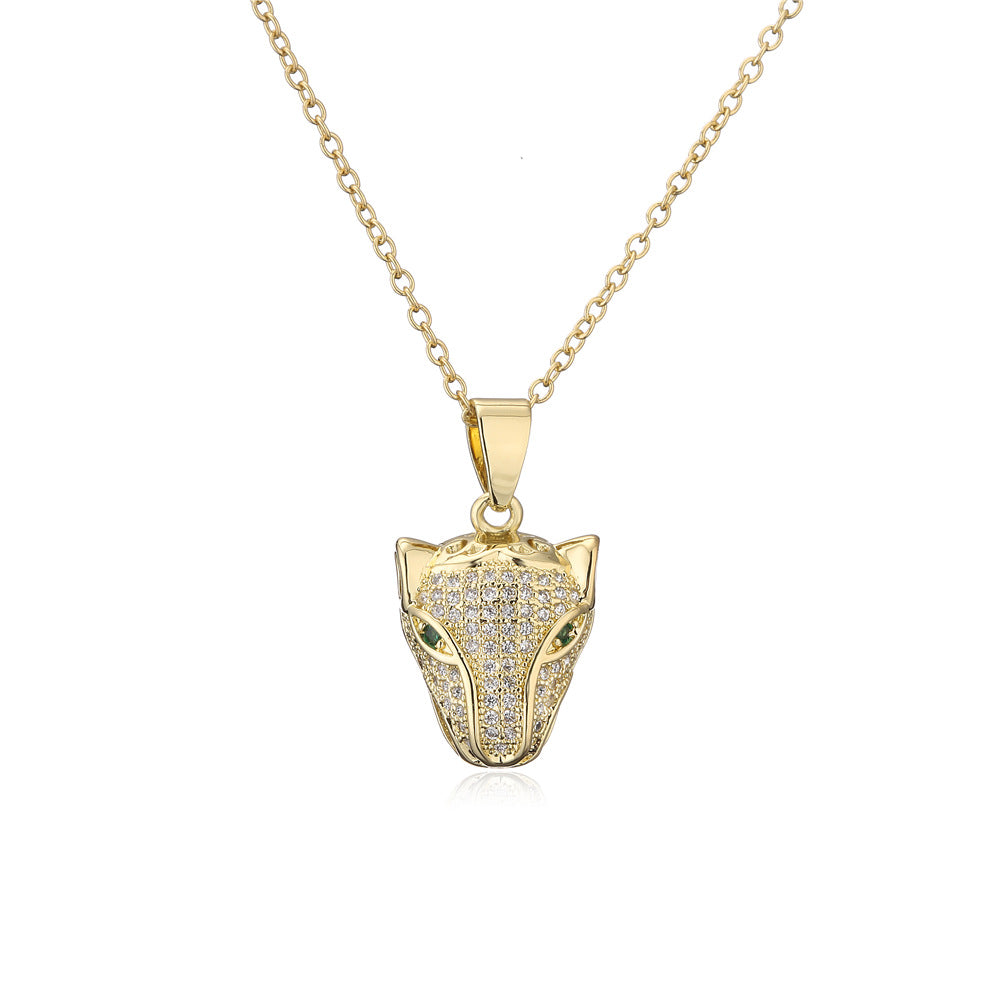 18K Gold Plated Brass Micro-Inlay Cubic Zirconia Leopard Pendant Necklace with Cable Chain