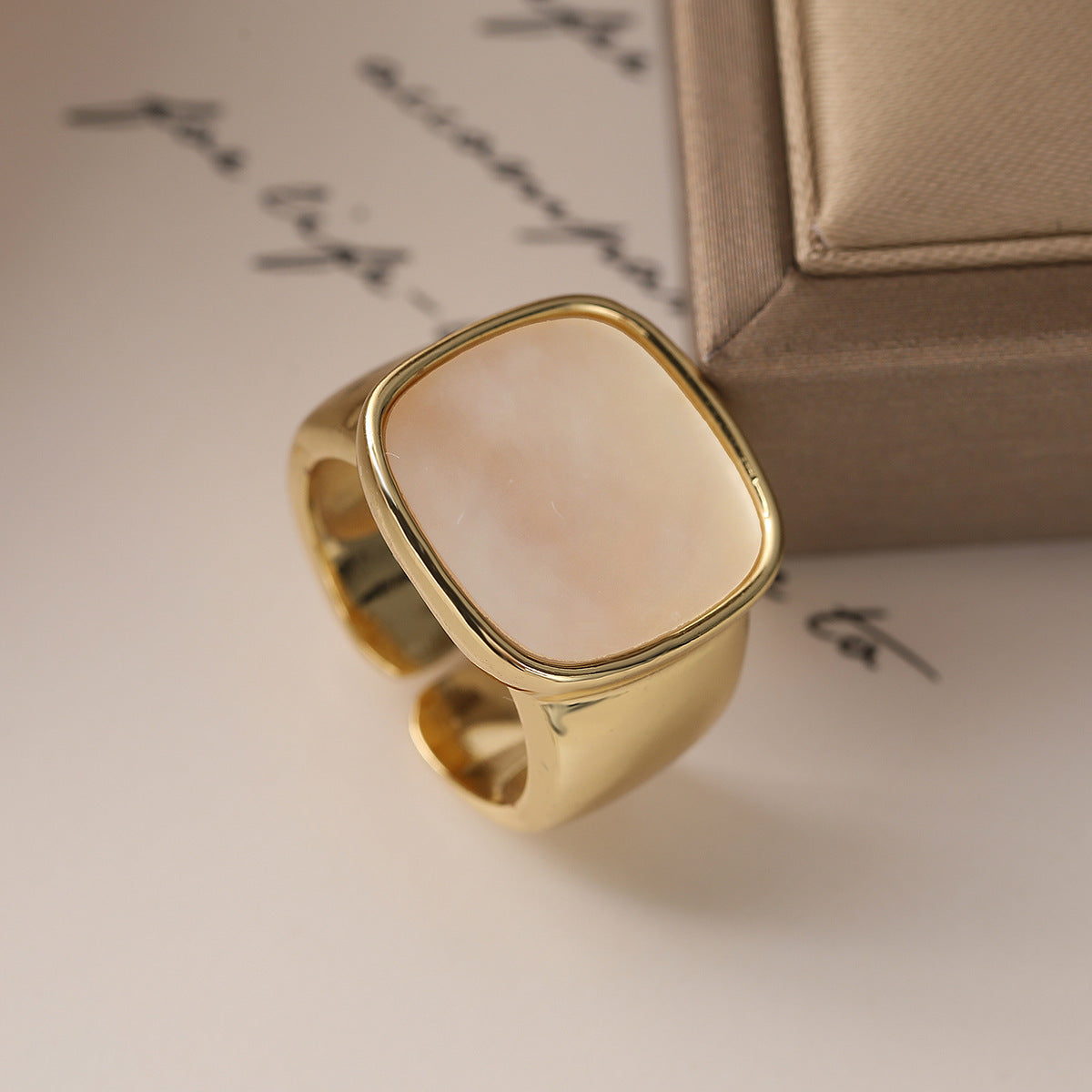 Minimalist Geometric Open Ring for Women Made of Brass with 18K Gold Plating and White Abalone Inlay