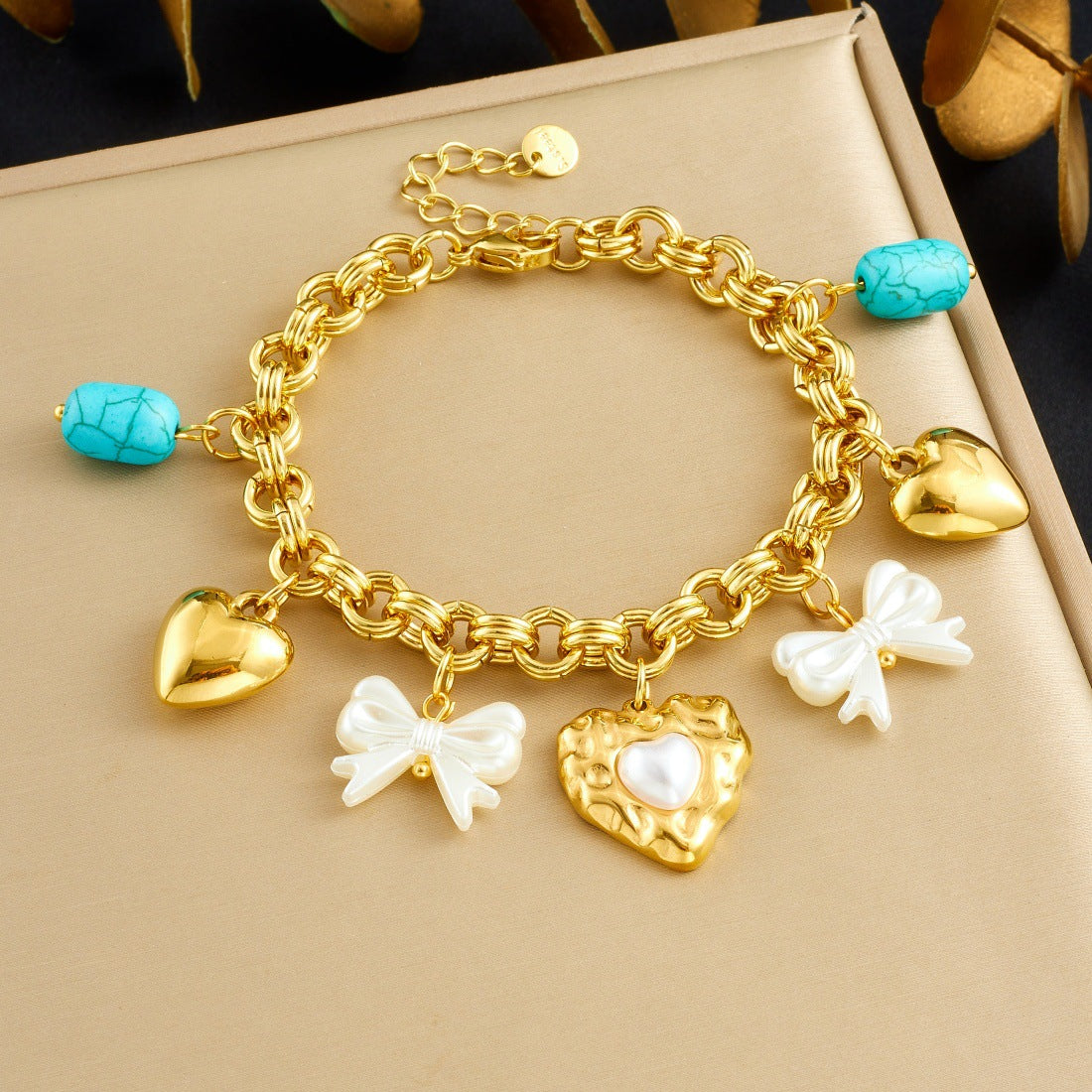Fashion Cartoon Heart Bow Pearl Plated Stainless Steel Charm Bar Bracelet for Women