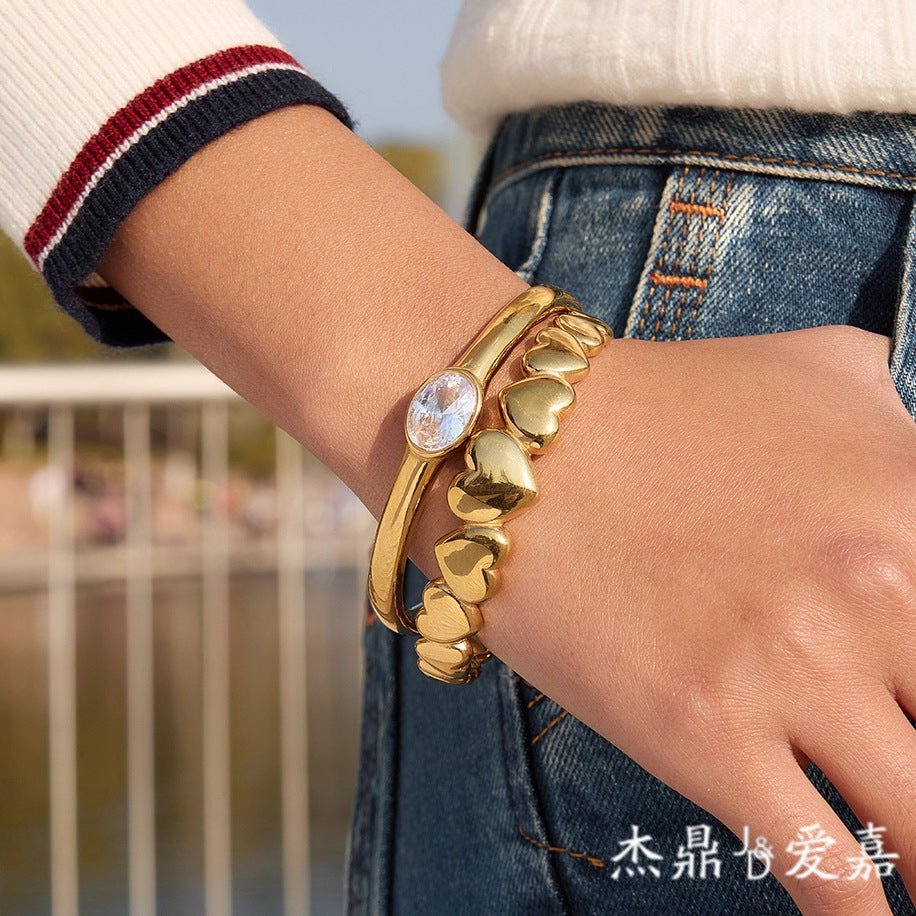 Luxury 18K Gold Plated Heart Stainless Steel Cubic Zirconia Bracelet