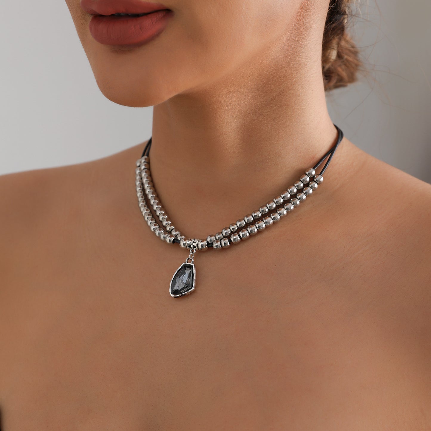 Gothic Bohemian Geometric Alloy Plated Pendant Necklace with Beaded Leather Cord for Women