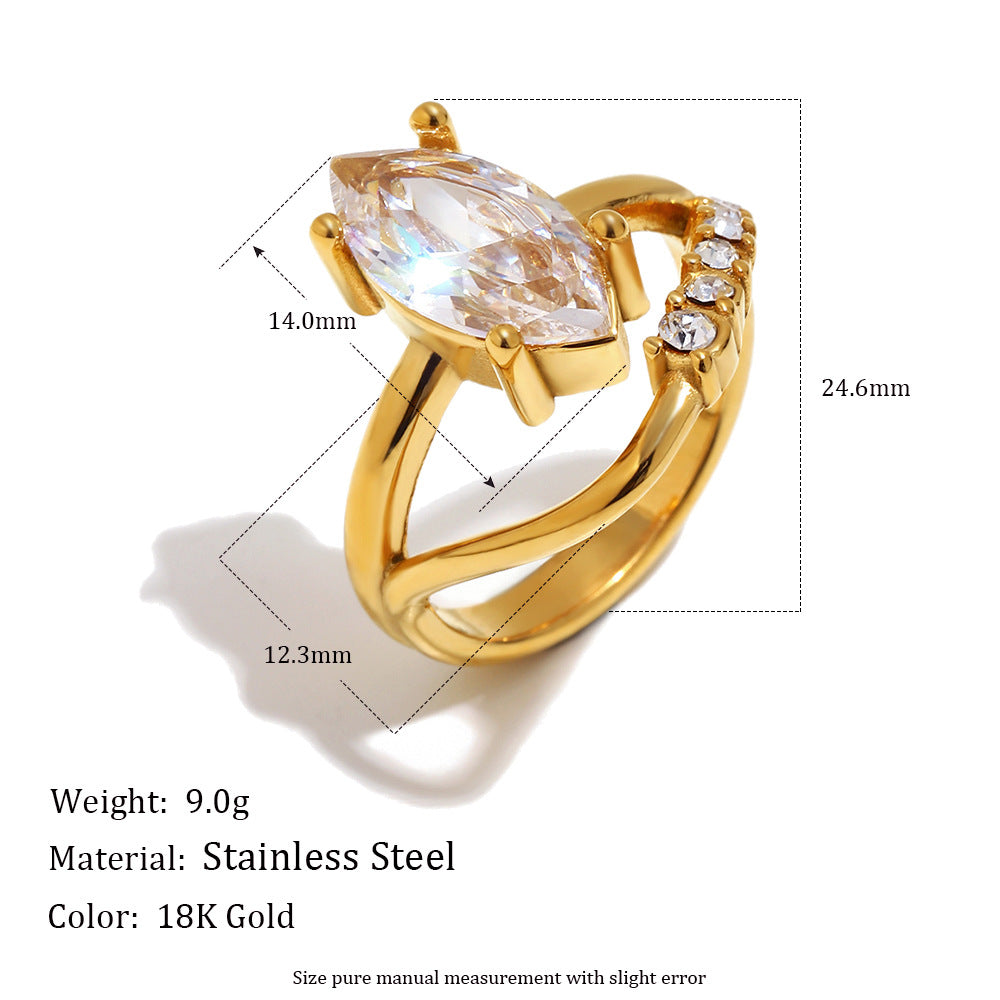 Luxury Minimalist 18K Gold Plated Stainless Steel Marquise Geometric Ring with Cubic Zirconia for Women