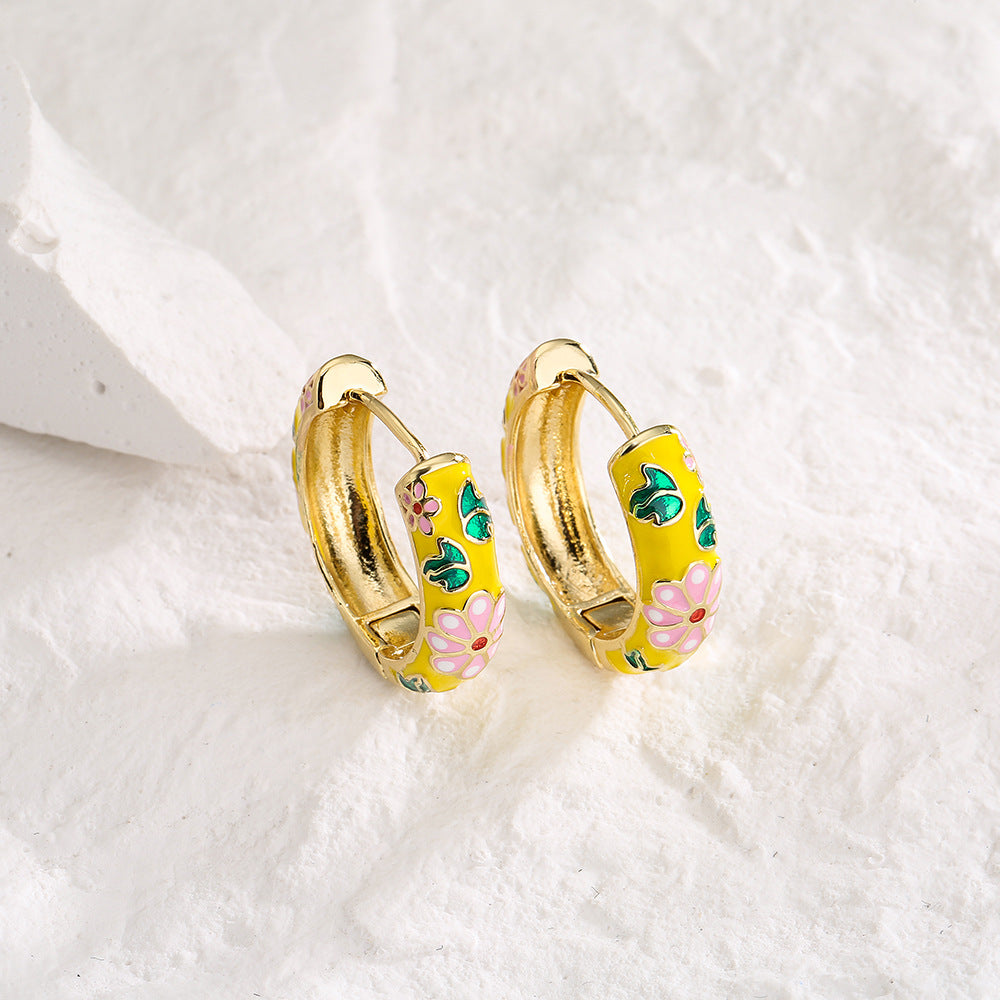 Minimalist Geometric Copper Hoop Earrings with 18K Gold Plating and Floral Enamel Accents for Women