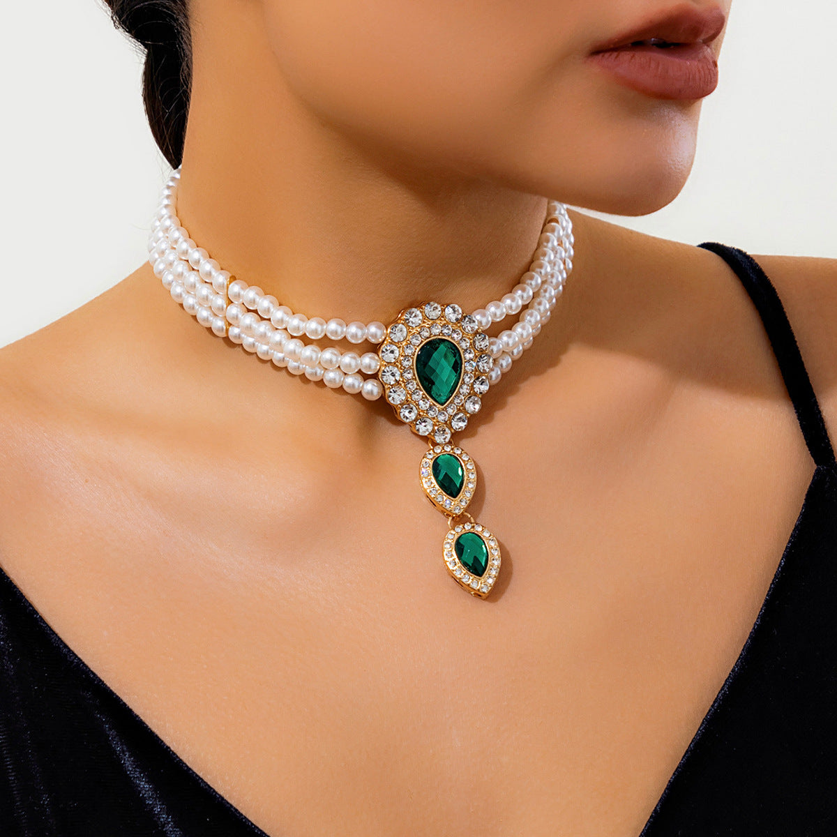 Vintage Luxury Teardrop Faux Pearl Rhinestone Plated Ball Chain Choker Necklace for Women