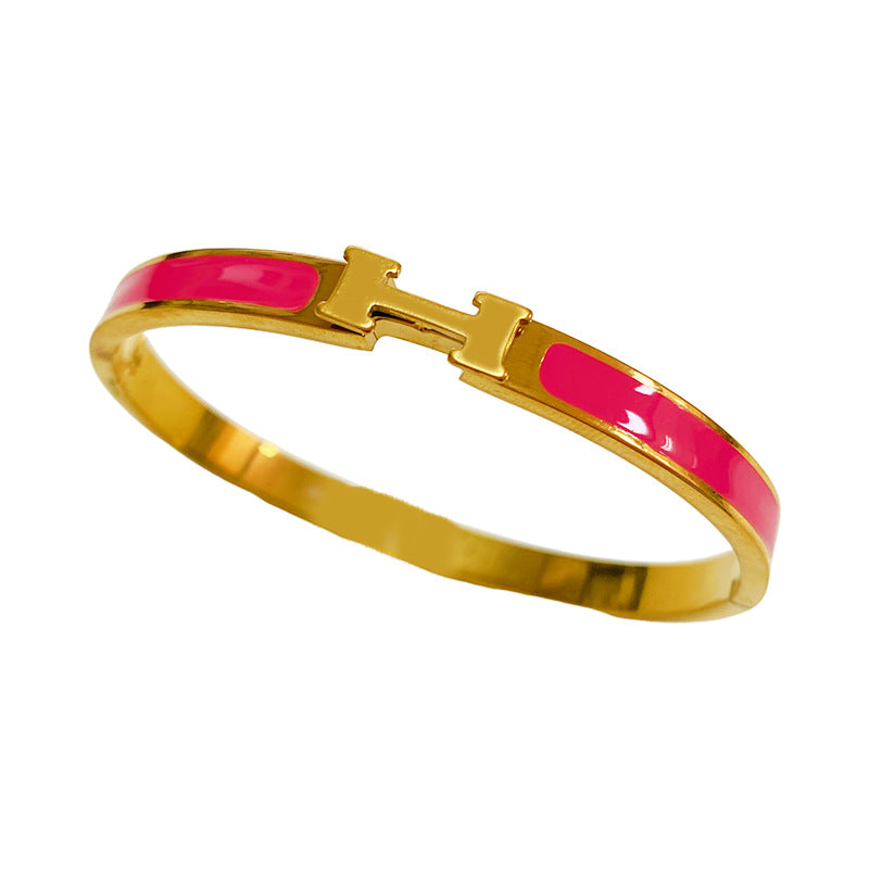 Minimalist Micro-inlay Shell Letter Oval Titanium Steel Bracelet Plated