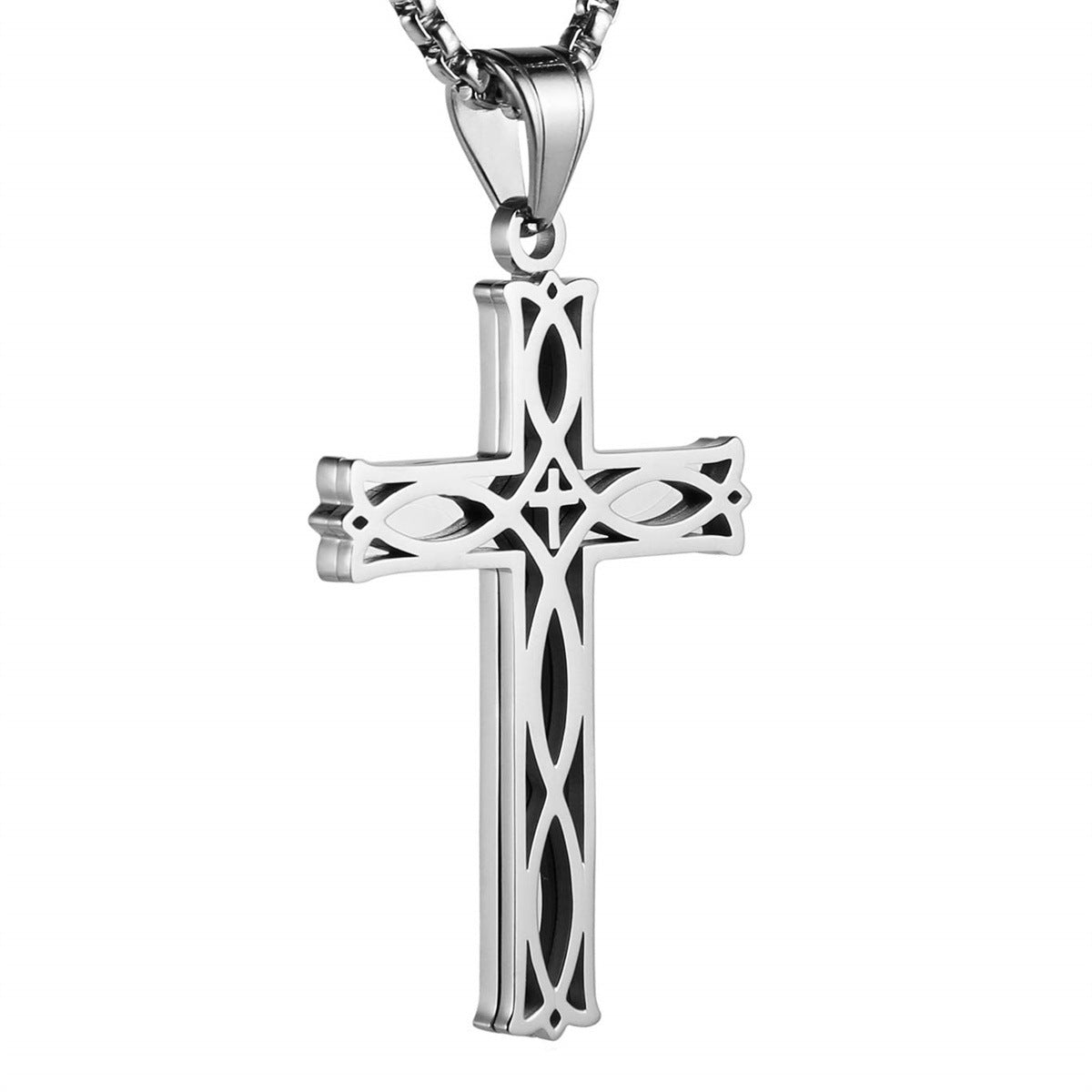 Minimalist Celtic Knot Cross Pendant Necklace for Men in Stainless Steel with Polished Titanium Steel Charm on Pearl Chain