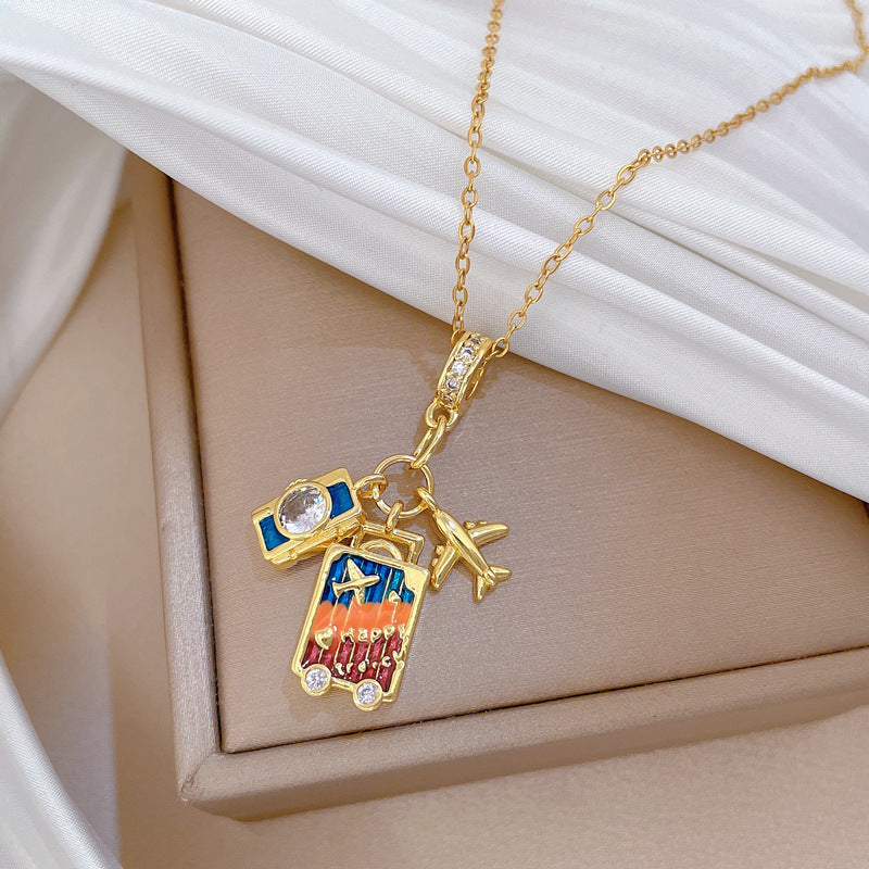 Cartoon Style Airplane Camera Pendant Necklace for Women with Zircon Inlay on Titanium Steel Chain