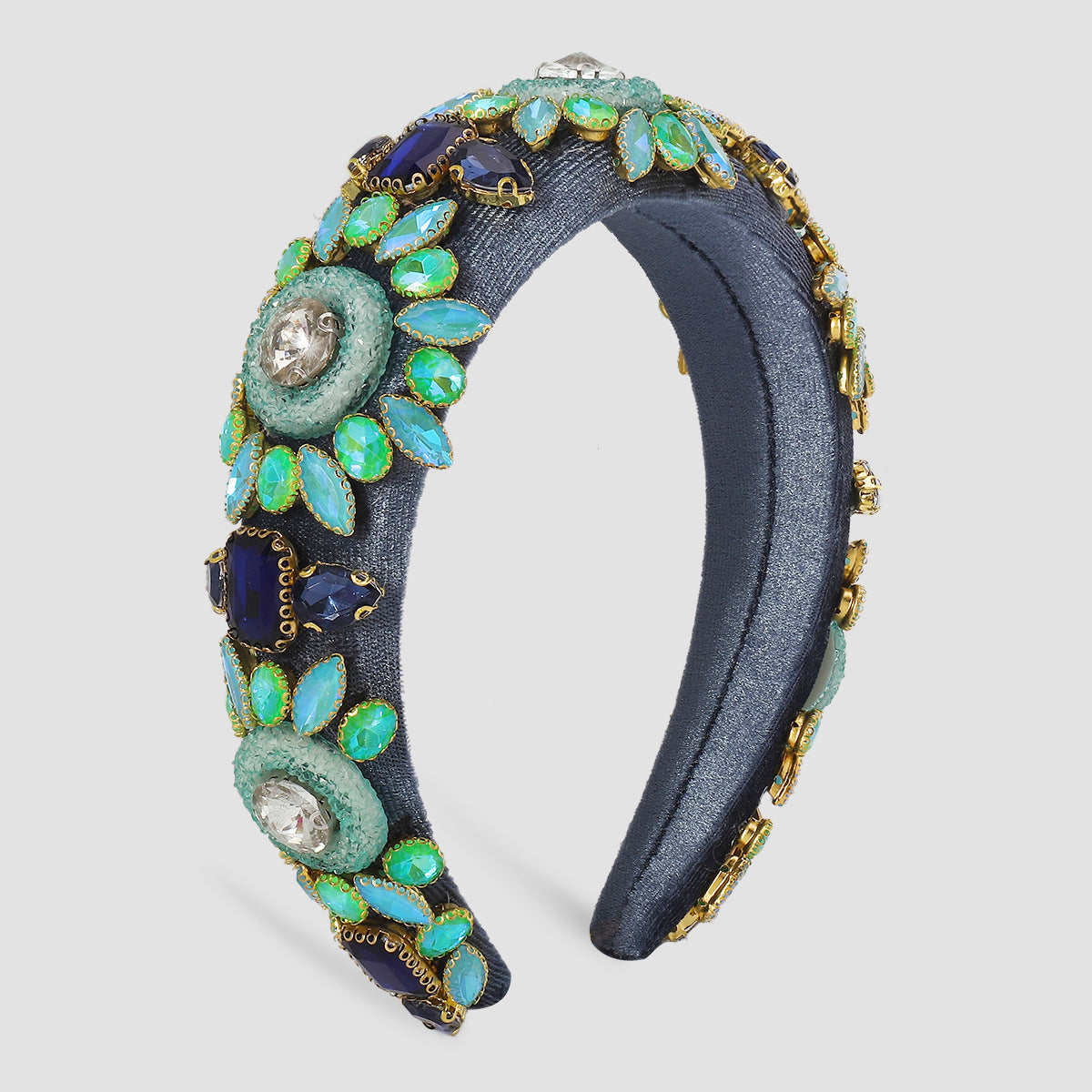 Cerchietto largo da donna in stile barocco, impreziosito da strass con design geometrico e circolare