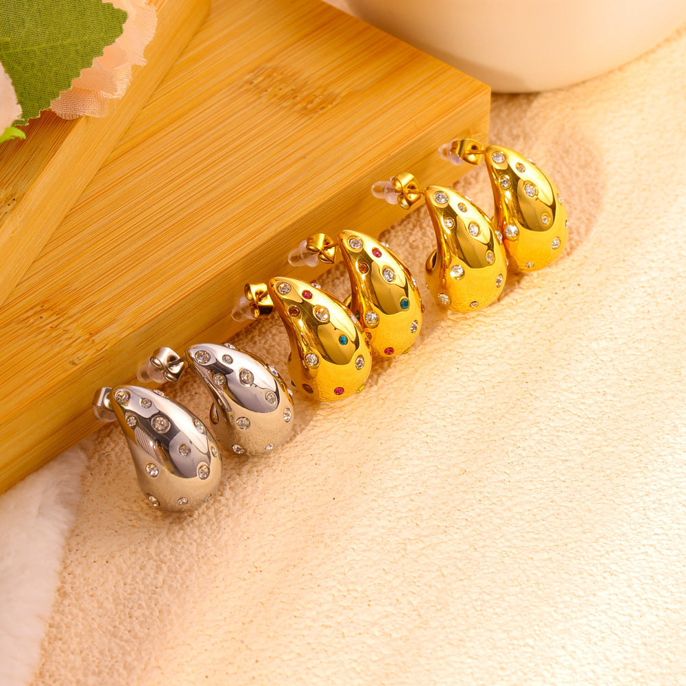 Pendientes de acero inoxidable con forma de gota de agua, incrustaciones de circonio y chapado en oro para mujer